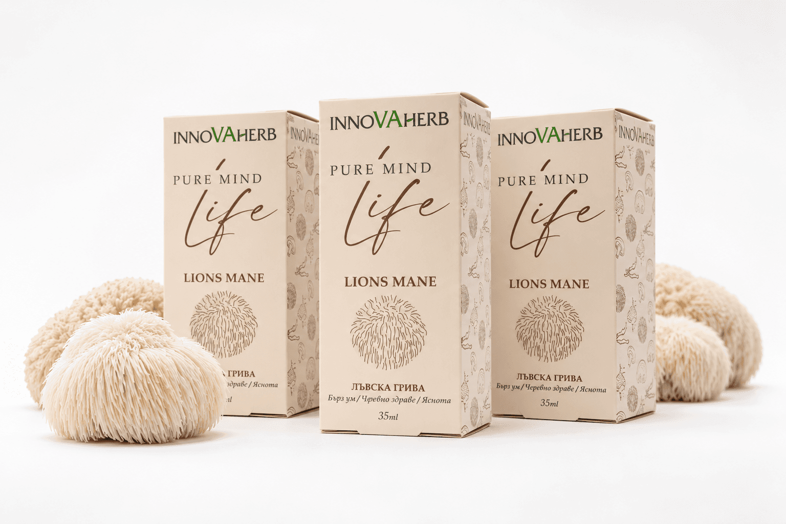Three InnovaHerb Lion’s Mane product boxes with mushrooms on a light background