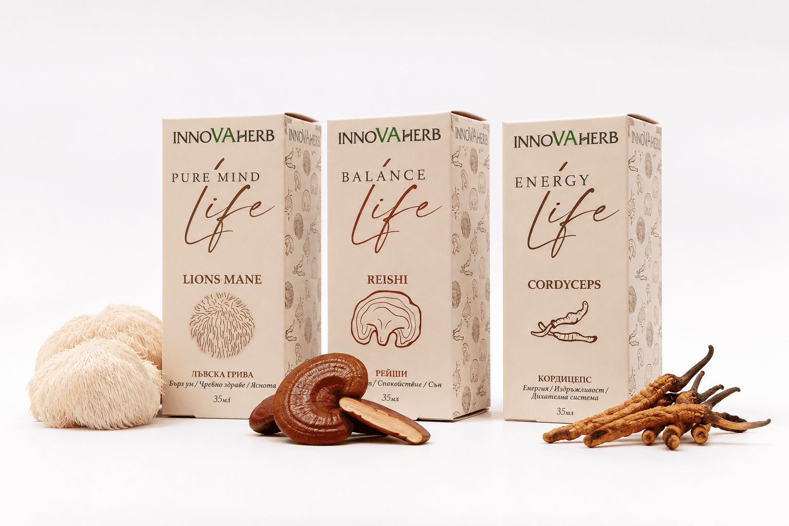 InnovaHerb Lion’s Mane, Reishi and Cordyceps product boxes with the three mushrooms on a light background