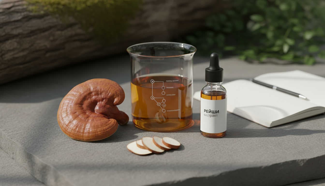 Softly lit editorial image showing Рейши екстракт in clear glassware beside dried reishi mushroom slices on a neutral stone surface, with blurred forest textures in the background to suggest natural origin and scientific balance.