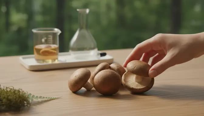 Calm editorial photo of fresh shiitake mushrooms styled for шийтаке InnovaHerb on a light wooden surface with soft natural light and minimal glass labware in the background