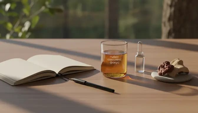 Minimal wooden desk in soft daylight with a glass cup of гъбен комплекс фокус mushroom infusion, open notebook, and subtle lab glassware, styled as a serene focus ritual.