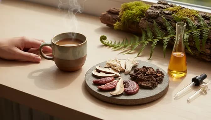 Softly lit editorial wellness still life illustrating mushroom mix и умора with medicinal mushrooms, natural textures, and minimal scientific glassware on a clean wooden table.