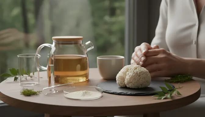 Editorial-style photo of a wooden table with lion’s mane mushroom tea, fresh lion’s mane, and subtle glassware in soft light, illustrating лъвска грива за възрастни хора in a calm wellness setting.