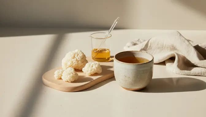 Soft natural-light editorial photo showing how как се пие лъвска грива, with a warm lion’s mane mushroom drink in a ceramic cup, fresh mushroom pieces, and subtle glassware on a clean wooden counter.