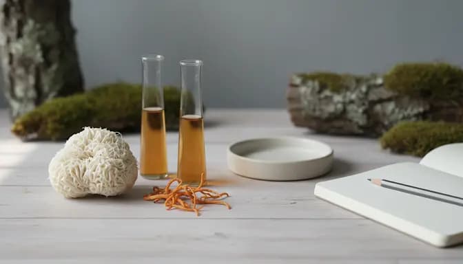 Editorial wellness photograph showing лъвска грива и кордицепс mushrooms arranged on a light wooden surface with glassware and soft natural light, illustrating a gentle scientific approach to functional fungi.
