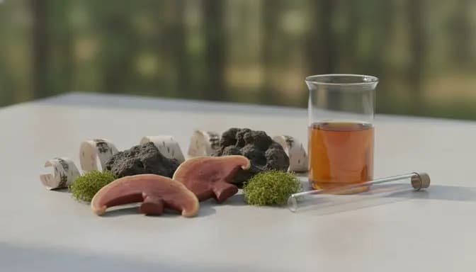 Editorial wellness still life of рейши и чага mushrooms on a light stone surface with moss, birch bark, and minimal glassware under soft natural light