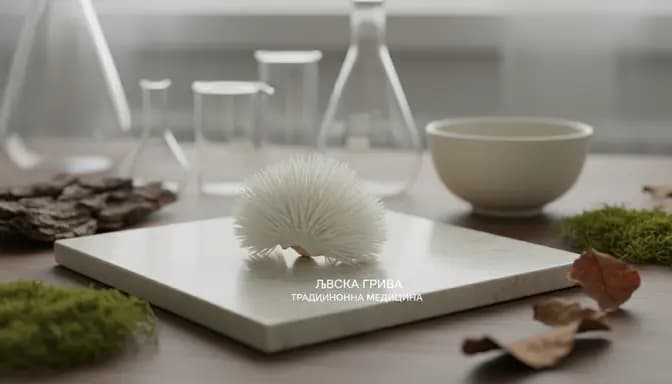 Soft editorial photograph of lion’s mane mushroom with subtle lab glass and forest elements, reflecting лъвска грива традиционна медицина in a modern wellness context