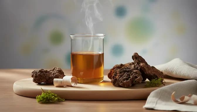 Натуральная спокойная композиция с чагой и микробиом: темные кусочки гриба на светлом столе, рядом стеклянная колба с янтарным настоем и мягкий абстрактный научный фон.