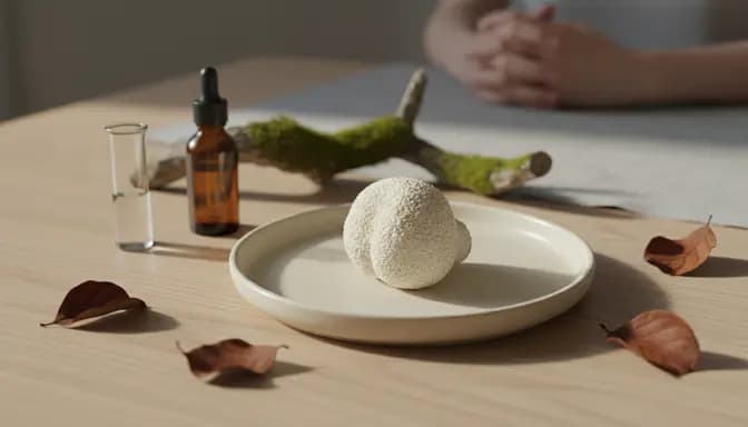 Calm editorial wellness scene illustrating лъвска грива и тревожност with a fresh lion’s mane mushroom on a ceramic plate, soft forest elements, and minimal glassware in natural light