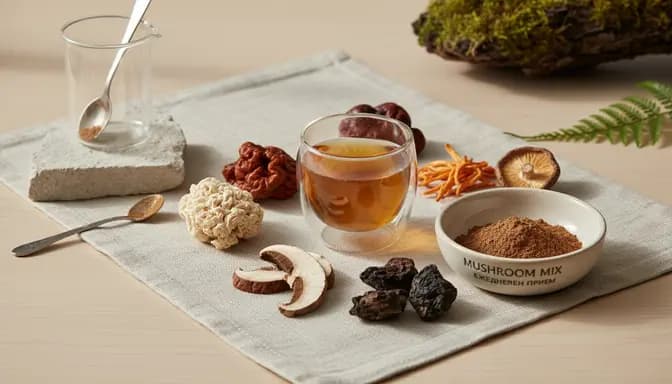 Editorial-style image of a calm morning wellness scene with a glass cup of mushroom mix ежедневен прием drink, dried medicinal mushrooms, and subtle lab glassware on a light wooden surface
