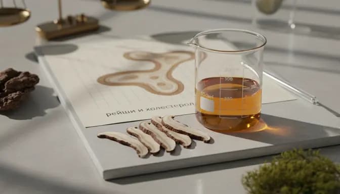 Minimalist wellness still life with reishi mushroom slices, a clear glass beaker of amber liquid and soft scientific paper in the background, illustrating a natural and scientific look at рейши и холестерол for a modern blog header image.