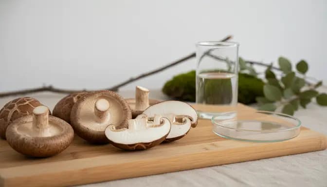 Minimal editorial photograph illustrating шийтаке и метаболизъм with fresh shiitake mushrooms, soft daylight, and subtle glassware on a clean surface