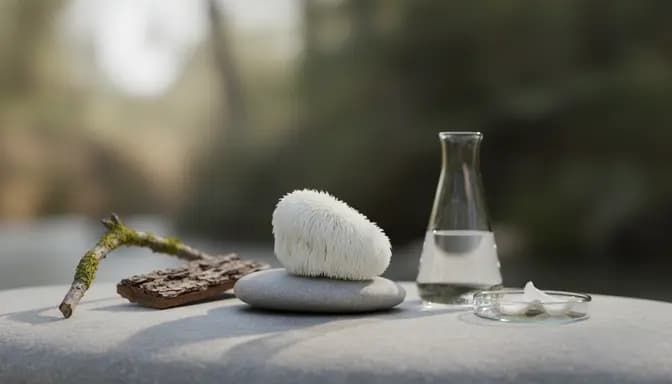 Soft natural light on Lion’s Mane mushroom still life illustrating a discussion of гъба лъвска грива цена in a clean, modern wellness setting