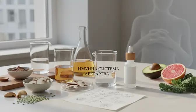 Calm editorial wellness scene illustrating имунна система лекарства with glass labware, medicinal mushrooms and micronutrient-rich foods on a clean table in soft natural light