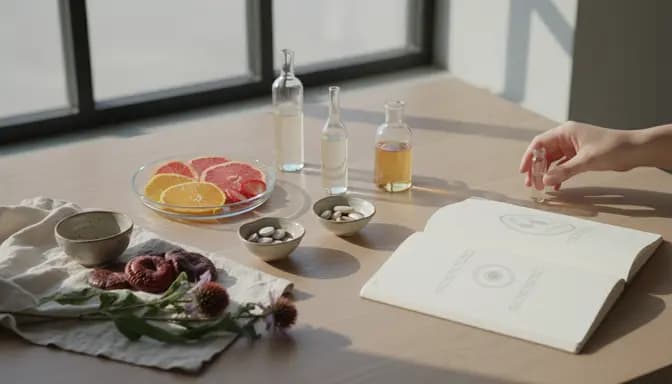 Minimalist wellness flat lay in soft natural light with glassware, medicinal mushrooms, citrus slices and subtle препарати за имунитет elements arranged on a clean surface to suggest an evidence-based approach to immune support.