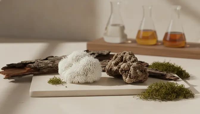 Editorial wellness photograph of лъвска грива и чага mushrooms on stone with soft natural light and subtle lab glassware