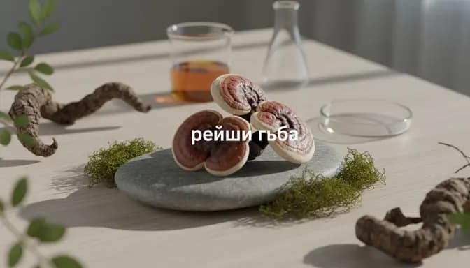 Editorial wellness photograph of рейши гъба mushrooms on a stone tray with soft forest elements and minimal scientific glassware in natural light