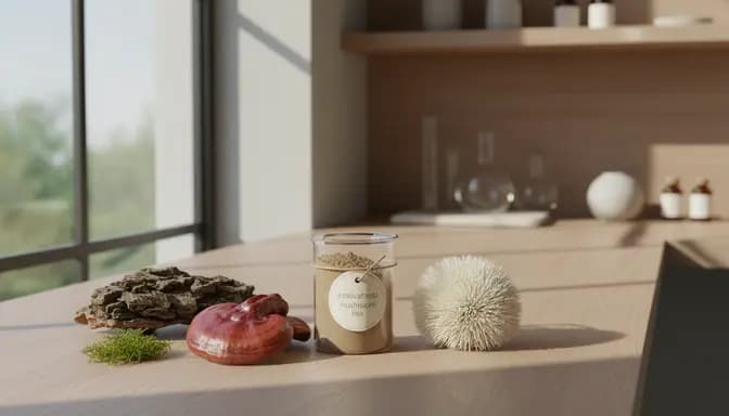 Editorial-style photo of innovaherb mushroom mix in a small glass beaker on a wooden surface, surrounded by dried medicinal mushrooms and soft forest elements in natural light