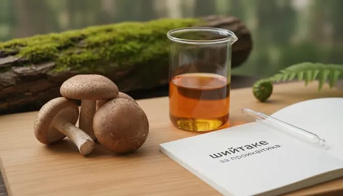 Calm editorial image of fresh shiitake mushrooms arranged for шийтаке за профилактика on a wooden board with subtle scientific glassware and soft natural light
