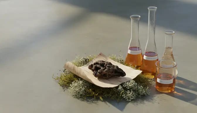 Editorial wellness image of wild chaga mushroom on birch bark with minimalist glassware and soft daylight, illustrating the theme чага и токсини in a calm, premium forest-inspired scene.