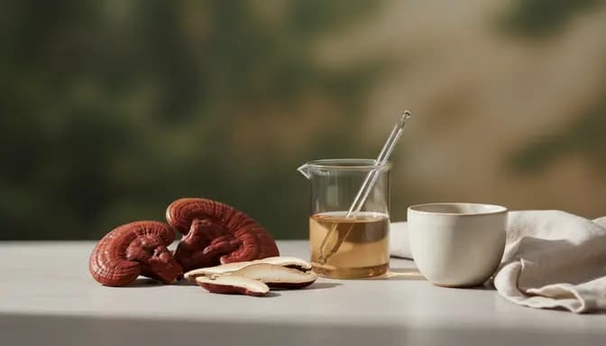 Softly lit editorial still life of гъбата рейши mushroom caps and slices with a clear glass beaker of warm amber liquid and neutral ceramic cup on a pale stone surface, styled for a modern wellness blog header image.