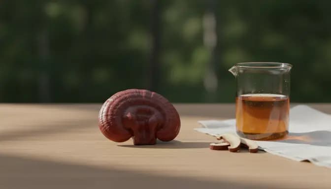 Editorial still life of a Reishi mushroom on light wood with soft forest background and glass beaker hinting at рейши ползи