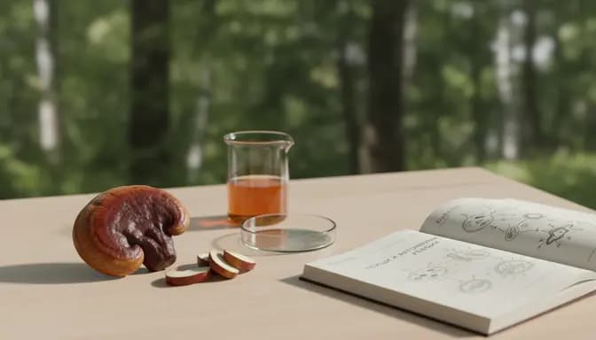 Editorial wellness photograph showing Reishi mushroom and minimalist lab glassware on a light wooden surface, symbolizing scientific exploration of рейши и автоимунни реакции in a calm, natural setting