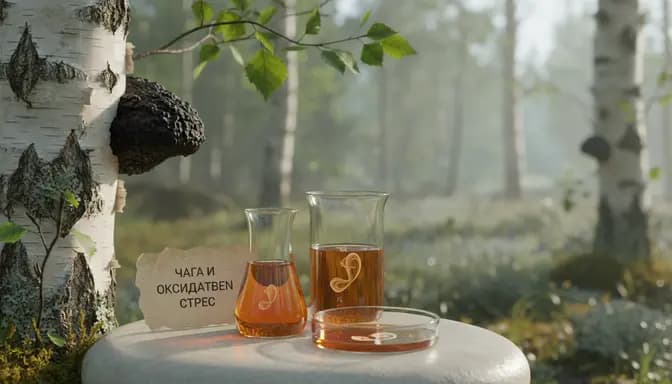 Editorial-style wellness image of chaga mushroom on birch in a soft green forest, with minimalist glassware and amber extract subtly evoking research into чага и оксидативен стрес and cellular balance, in clean natural light.
