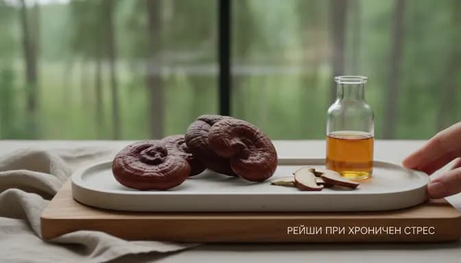 Editorial still life of Reishi mushrooms on a stone tray with soft natural light and subtle lab glassware, illustrating рейши при хроничен стрес in a calm, premium wellness setting