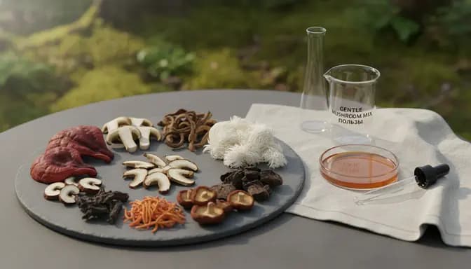 Editorial wellness photograph illustrating mushroom mix ползи with a curated blend of reishi, lion’s mane, cordyceps, chaga, and shiitake arranged on a stone surface beside minimal clear glassware in soft natural light.