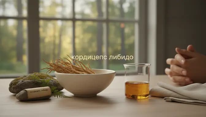Editorial wellness still life featuring cordyceps mushrooms arranged in a ceramic bowl with soft natural light, suggesting кордицепс либидо in a subtle, scientific yet calming style
