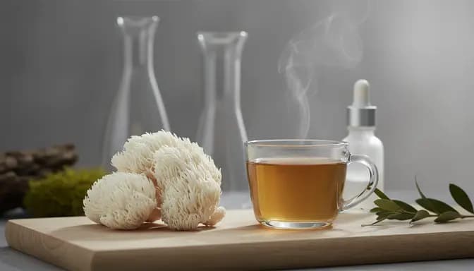 Editorial wellness scene showing Lion’s Mane mushrooms symbolizing лъвска грива при умствена умора beside a glass cup on a light wooden surface
