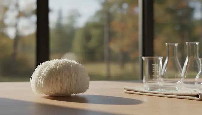 Softly lit editorial-style photo of a fresh lion’s mane mushroom on a light wooden surface beside clear glass labware, illustrating a natural and scientific look at лъвска грива гъба цена in a modern wellness blog.