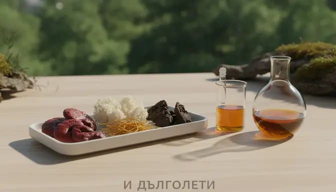 Editorial still life of medicinal mushrooms and glassware illustrating mushroom mix и дълголетие in a calm, natural wellness setting