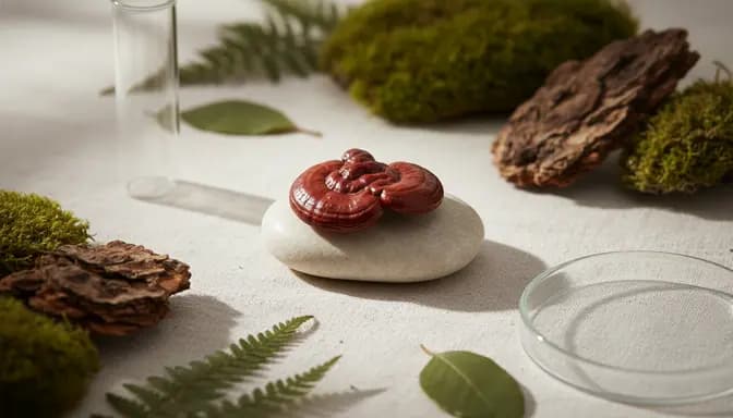 Minimal editorial wellness image featuring reishi mushroom with soft natural light and subtle glassware suggesting the connection between рейши и кортизол in a calm, forest-inspired setting.