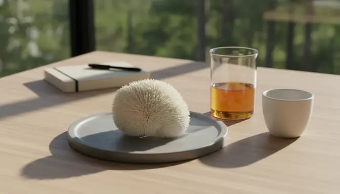 Нежно осветена сцена на лъвска грива при бърнаут – гъба lion’s mane върху каменна чиния, стъклена колба с екстракт и мека горска светлина на фона