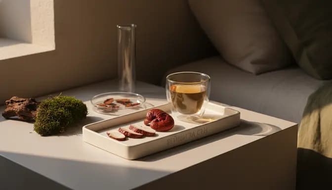 Editorial-style bedside scene featuring рейши за сън with reishi tea, natural textures, and subtle scientific glassware in soft evening light