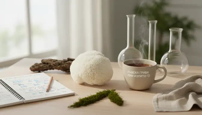 Soft natural light on a wooden desk with fresh Lion’s Mane mushroom, glassware, and an open notebook, symbolizing calm exam preparation and gentle support from лъвска грива при изпити.