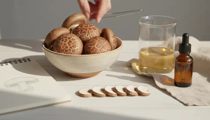 Soft natural-light editorial photograph of shiitake mushrooms with minimalist glassware and notes, symbolizing a thoughtful approach to шийтаке дългосрочен прием in long-term wellness