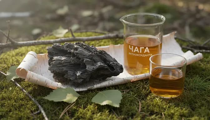 Editorial wellness photograph of forest-sourced chaga on birch with glassware, illustrating чага антиоксиданти in a clean, premium style