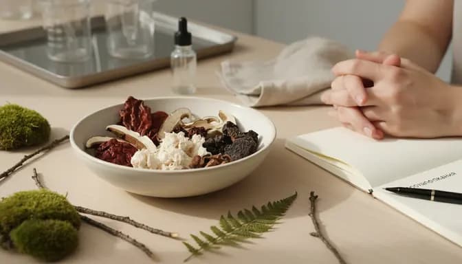 Editorial wellness image showing a bowl of assorted medicinal mushroom mix on a clean wooden table with soft natural light, subtly illustrating mushroom mix противопоказания in a calm, scientific yet natural atmosphere