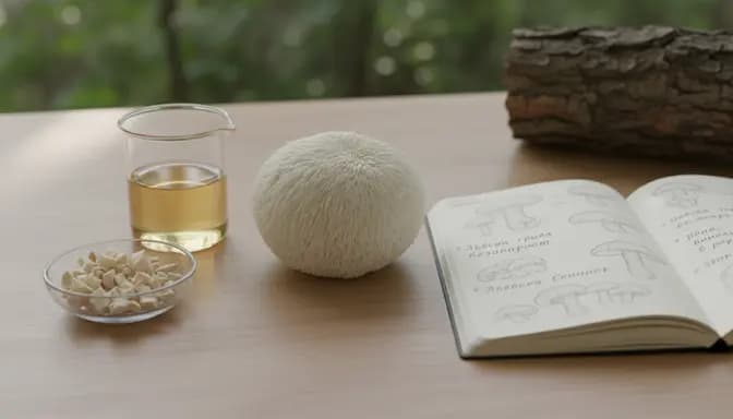 Editorial still life of lion’s mane mushroom and gentle lab glassware illustrating лъвска грива безопасност in a calm, natural wellness scene