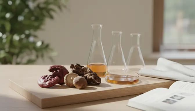 Editorial photo of Reishi, Shiitake and Chaga mushrooms beside clear glass labware and soft natural light, symbolizing a хранителна добавка за имунитет in a calm, science-informed wellness setting.