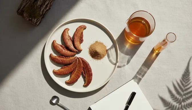 Calm editorial wellness scene with dried reishi mushrooms, powder, and minimal glassware on a light background, visually exploring рейши странични ефекти in a clean, scientific yet natural way.