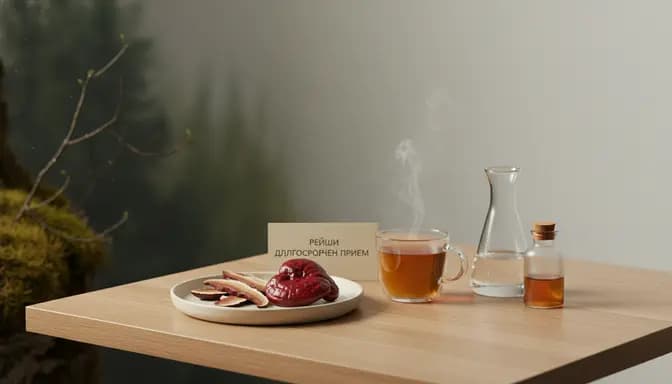 Minimalist wellness still life showing рейши дългосрочен прием with dried Reishi mushrooms, a warm infusion, and clear glassware in soft natural light