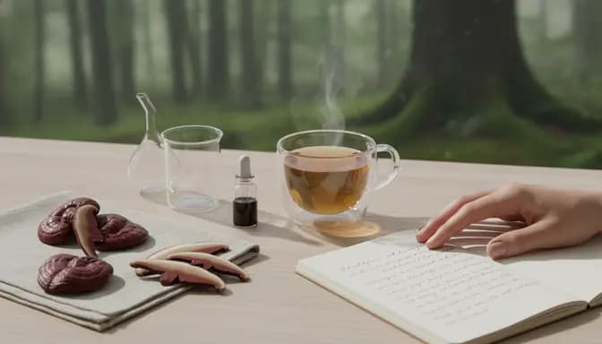 Editorial wellness image of рейши при бърнаут with Reishi tea, soft lab glassware, and natural forest elements on a clean wooden table
