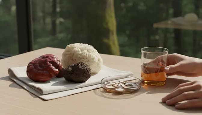 Editorial wellness image with medicinal mushrooms, glass beaker and soft natural light symbolizing силен имунитет in a clean, minimalist setting