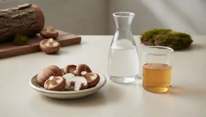 Editorial wellness still life with fresh shiitake mushrooms, clear water in glassware and soft natural light, evoking the gentle theme of шийтаке и прочистване in a clean, premium setting.