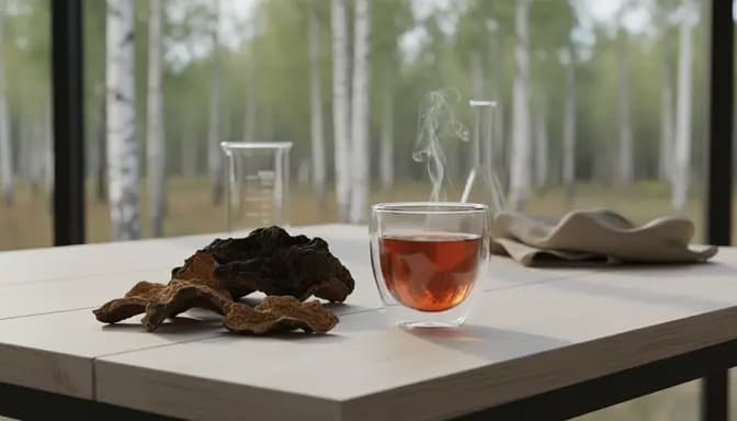 Calm editorial image illustrating чага и ежедневен прием with chaga pieces and a warm infusion on a minimal wooden table in soft natural light