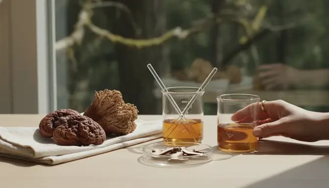 Editorial wellness image with medicinal mushrooms, glass beaker and soft natural light symbolizing силен имунитет in a clean, minimalist setting